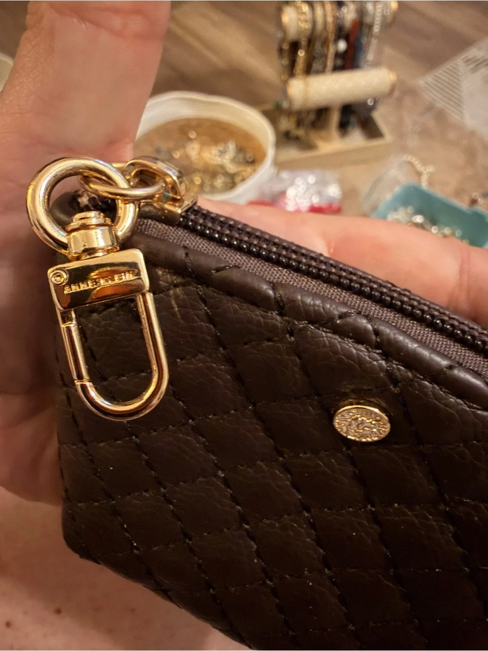 Anne Klein Quilted Chocolate Brown Leather Mini Pouch with Gold Hardware 8.27B